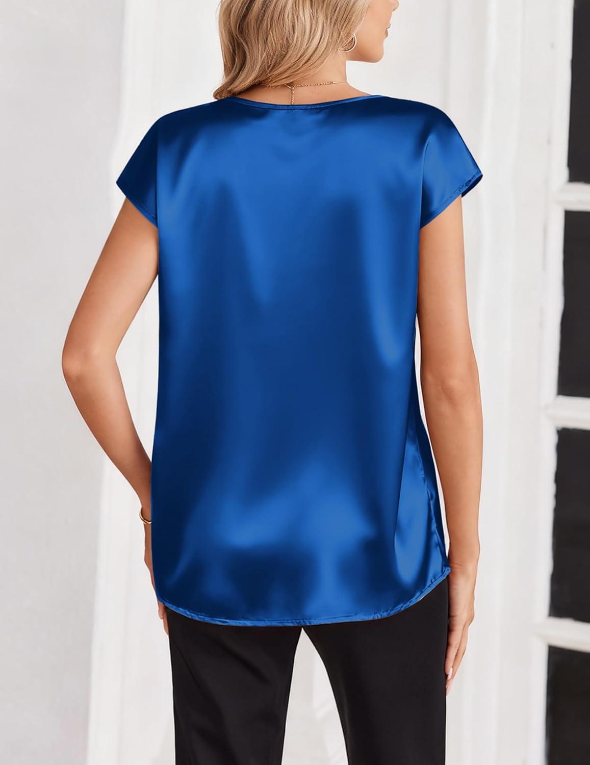 imageZeagoo Women Silk Satin Tops Cap Short Sleeve Blouse Summer V Neck Shirts Business Casual OutfitsSky Blue