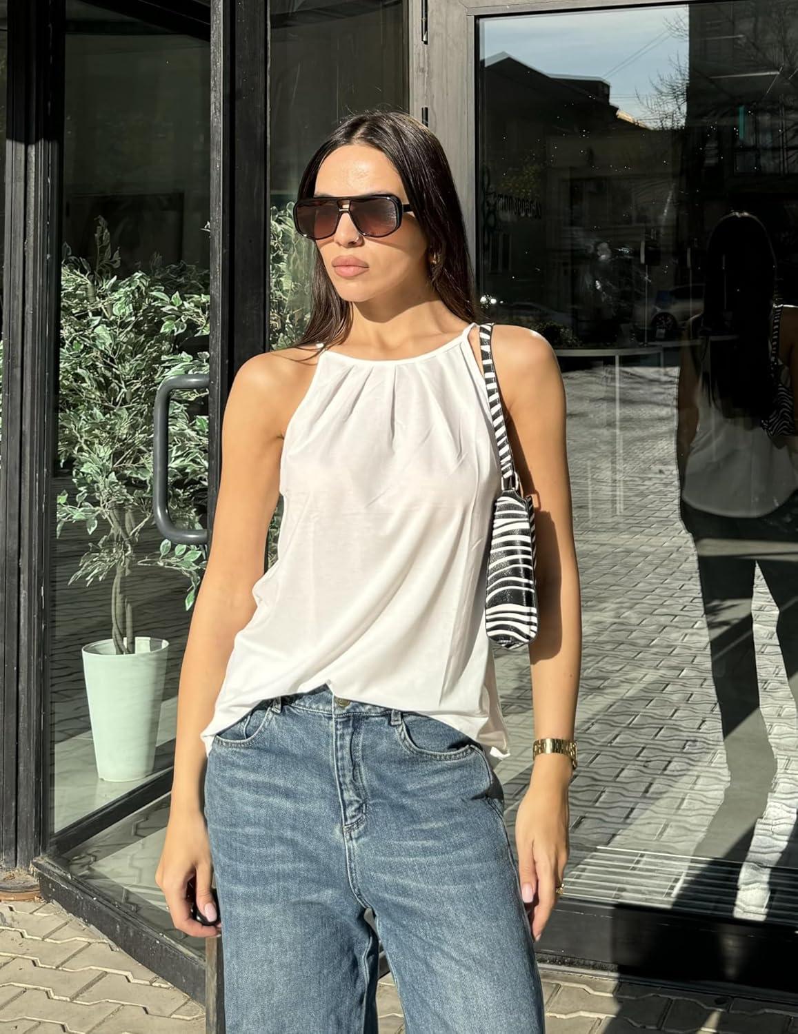 imageZeagoo Womens 2026 Halter Neck Tank Tops Casual Sleeveless Pleated Camisole Tops Summer Loose Fit Cami ShirtsAwhite