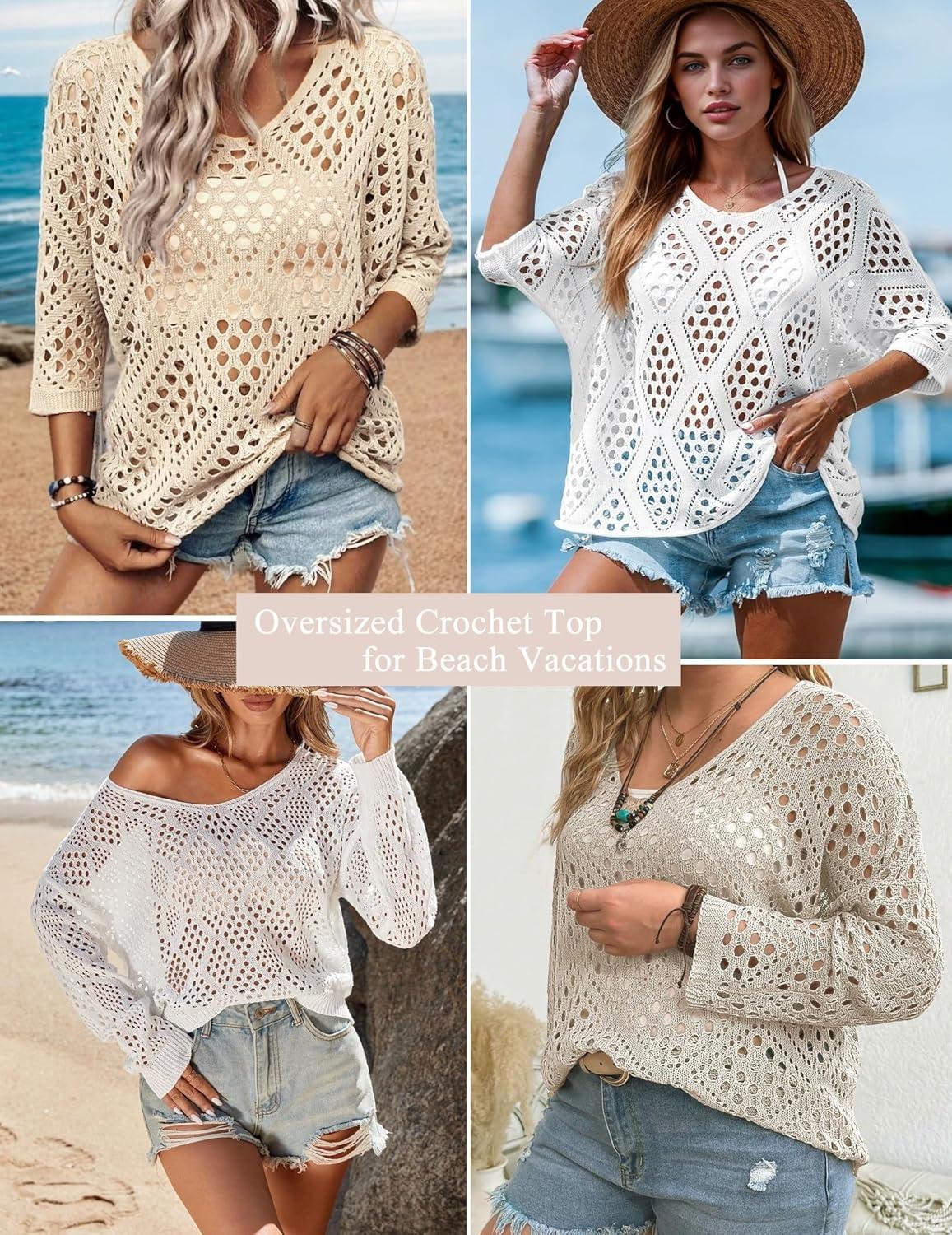 imageZeagoo Womens 2026 Spring Summer Crochet Top Hollow Out 34 Sleeve Sweater Off Shoulder Beach Knit CoverupApricot