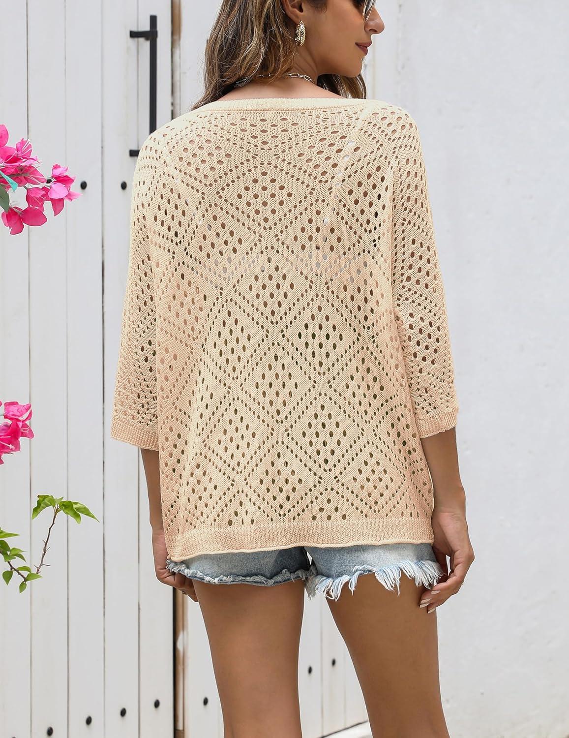 imageZeagoo Womens 2026 Spring Summer Crochet Top Hollow Out 34 Sleeve Sweater Off Shoulder Beach Knit CoverupApricot
