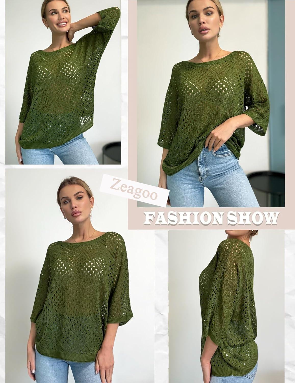 imageZeagoo Womens 2026 Spring Summer Crochet Top Hollow Out 34 Sleeve Sweater Off Shoulder Beach Knit CoverupArmy Green