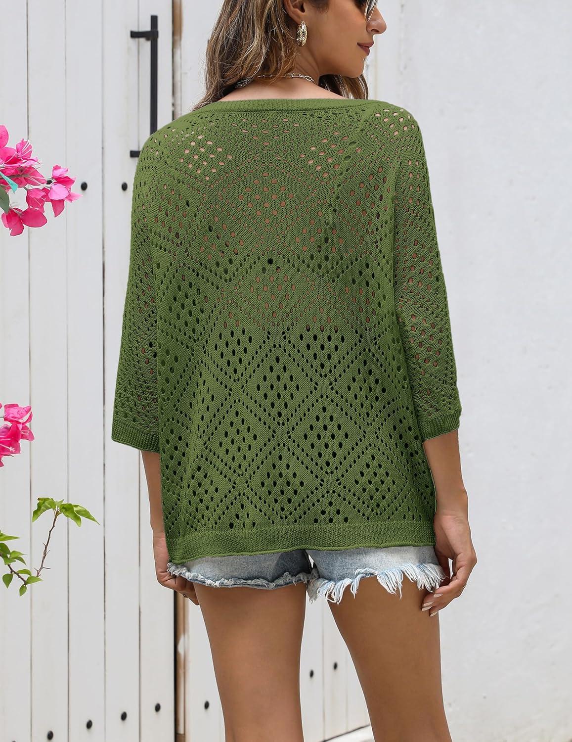 imageZeagoo Womens 2026 Spring Summer Crochet Top Hollow Out 34 Sleeve Sweater Off Shoulder Beach Knit CoverupArmy Green