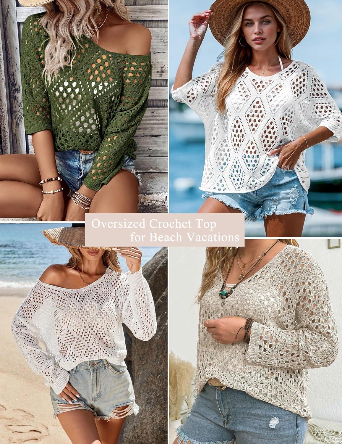 imageZeagoo Womens 2026 Spring Summer Crochet Top Hollow Out 34 Sleeve Sweater Off Shoulder Beach Knit CoverupArmy Green