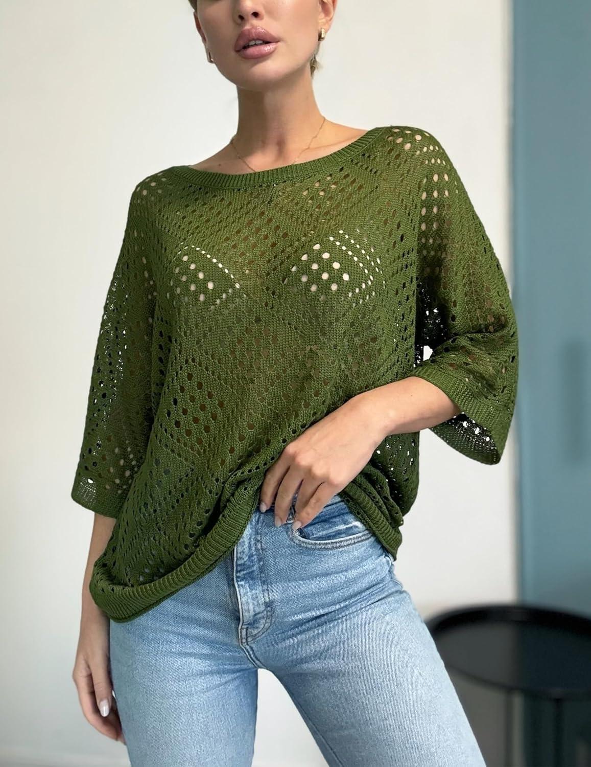 imageZeagoo Womens 2026 Spring Summer Crochet Top Hollow Out 34 Sleeve Sweater Off Shoulder Beach Knit CoverupArmy Green