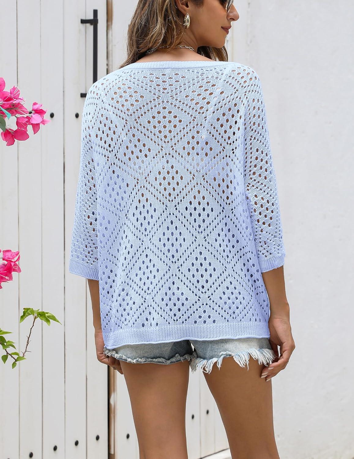 imageZeagoo Womens 2026 Spring Summer Crochet Top Hollow Out 34 Sleeve Sweater Off Shoulder Beach Knit CoverupBlue