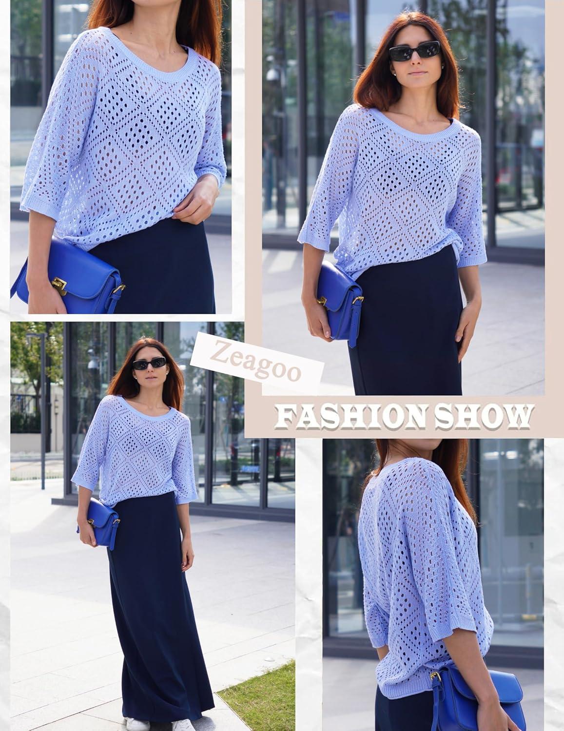 imageZeagoo Womens 2026 Spring Summer Crochet Top Hollow Out 34 Sleeve Sweater Off Shoulder Beach Knit CoverupBlue