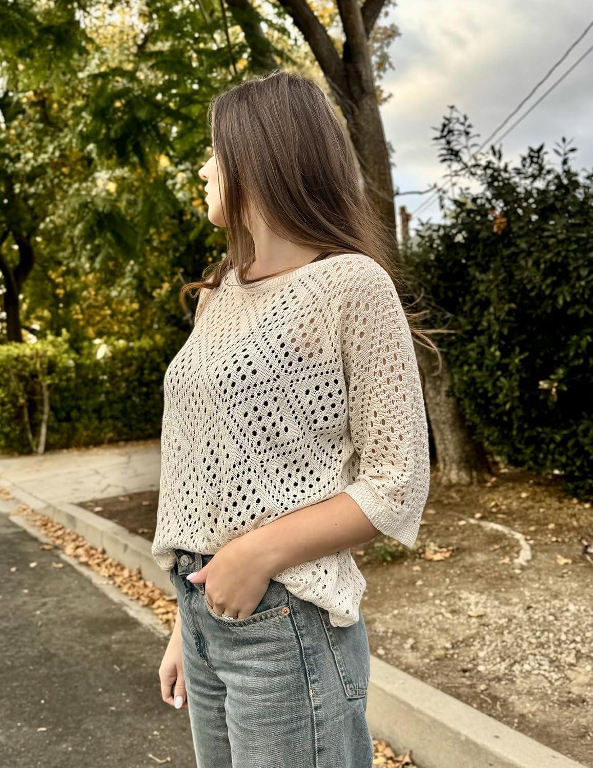 imageZeagoo Womens 2026 Spring Summer Crochet Top Hollow Out 34 Sleeve Sweater Off Shoulder Beach Knit CoverupCamel