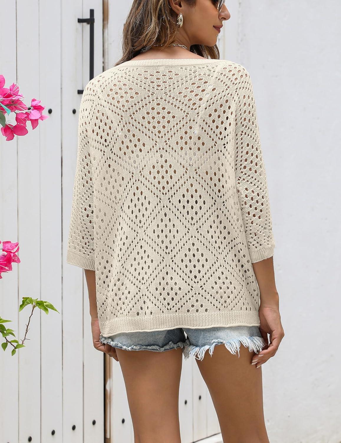 imageZeagoo Womens 2026 Spring Summer Crochet Top Hollow Out 34 Sleeve Sweater Off Shoulder Beach Knit CoverupCamel
