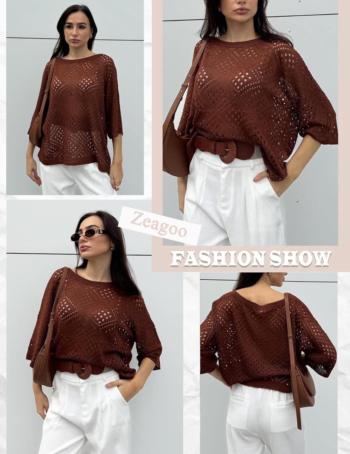 imageZeagoo Womens 2026 Spring Summer Crochet Top Hollow Out 34 Sleeve Sweater Off Shoulder Beach Knit CoverupCoffee
