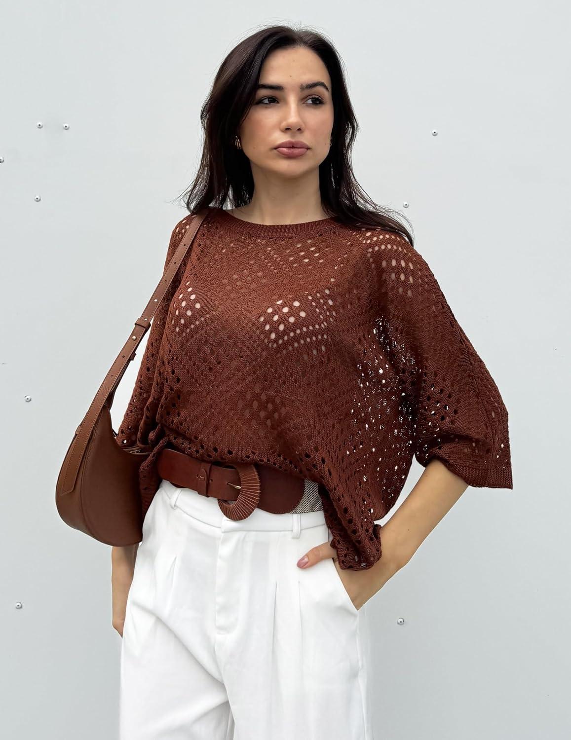 imageZeagoo Womens 2026 Spring Summer Crochet Top Hollow Out 34 Sleeve Sweater Off Shoulder Beach Knit CoverupCoffee