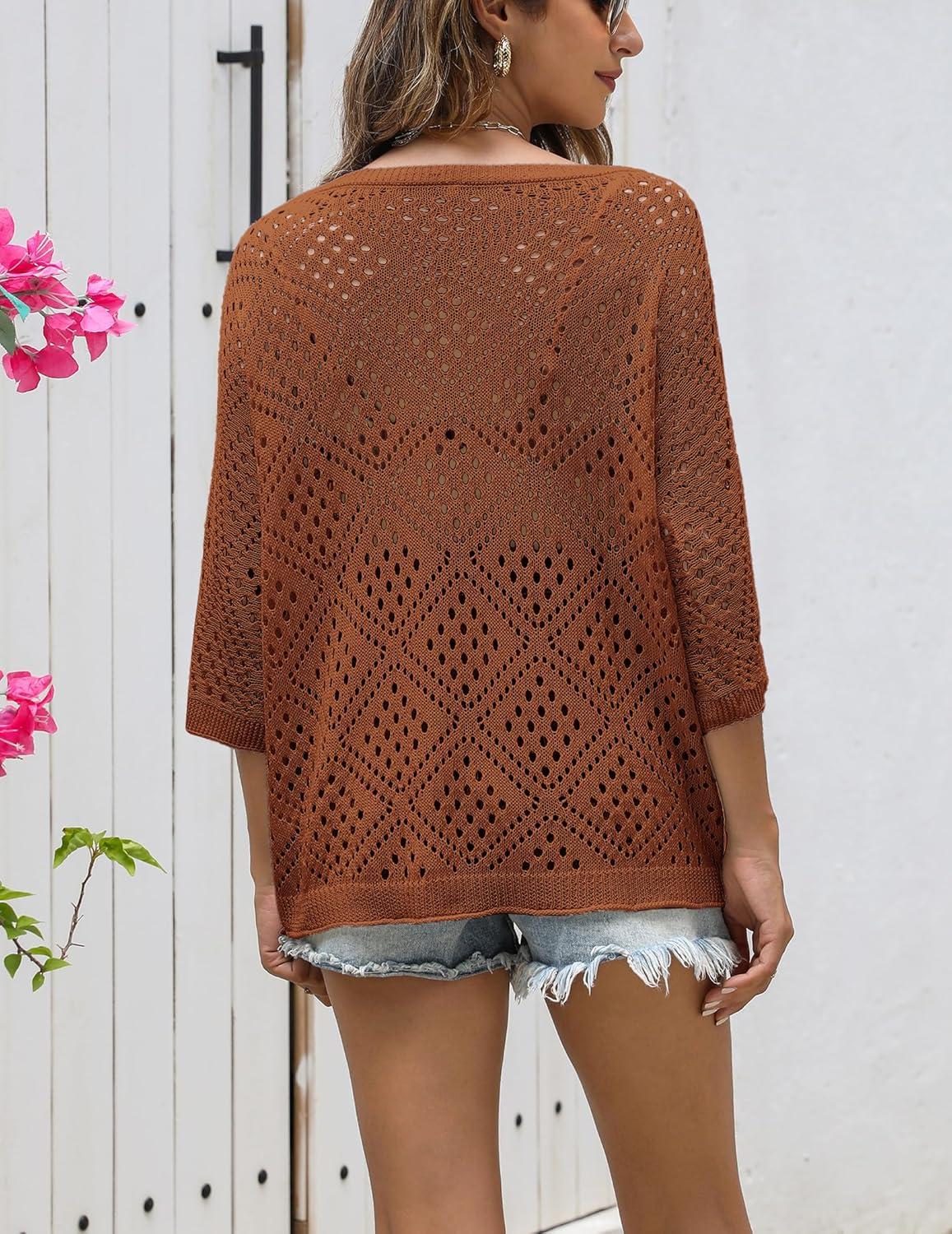 imageZeagoo Womens 2026 Spring Summer Crochet Top Hollow Out 34 Sleeve Sweater Off Shoulder Beach Knit CoverupCoffee