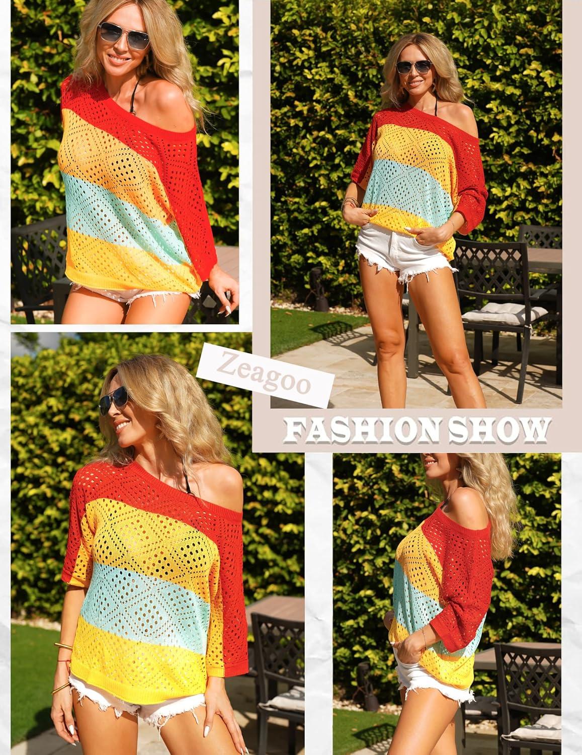 imageZeagoo Womens 2026 Spring Summer Crochet Top Hollow Out 34 Sleeve Sweater Off Shoulder Beach Knit CoverupColor Block1