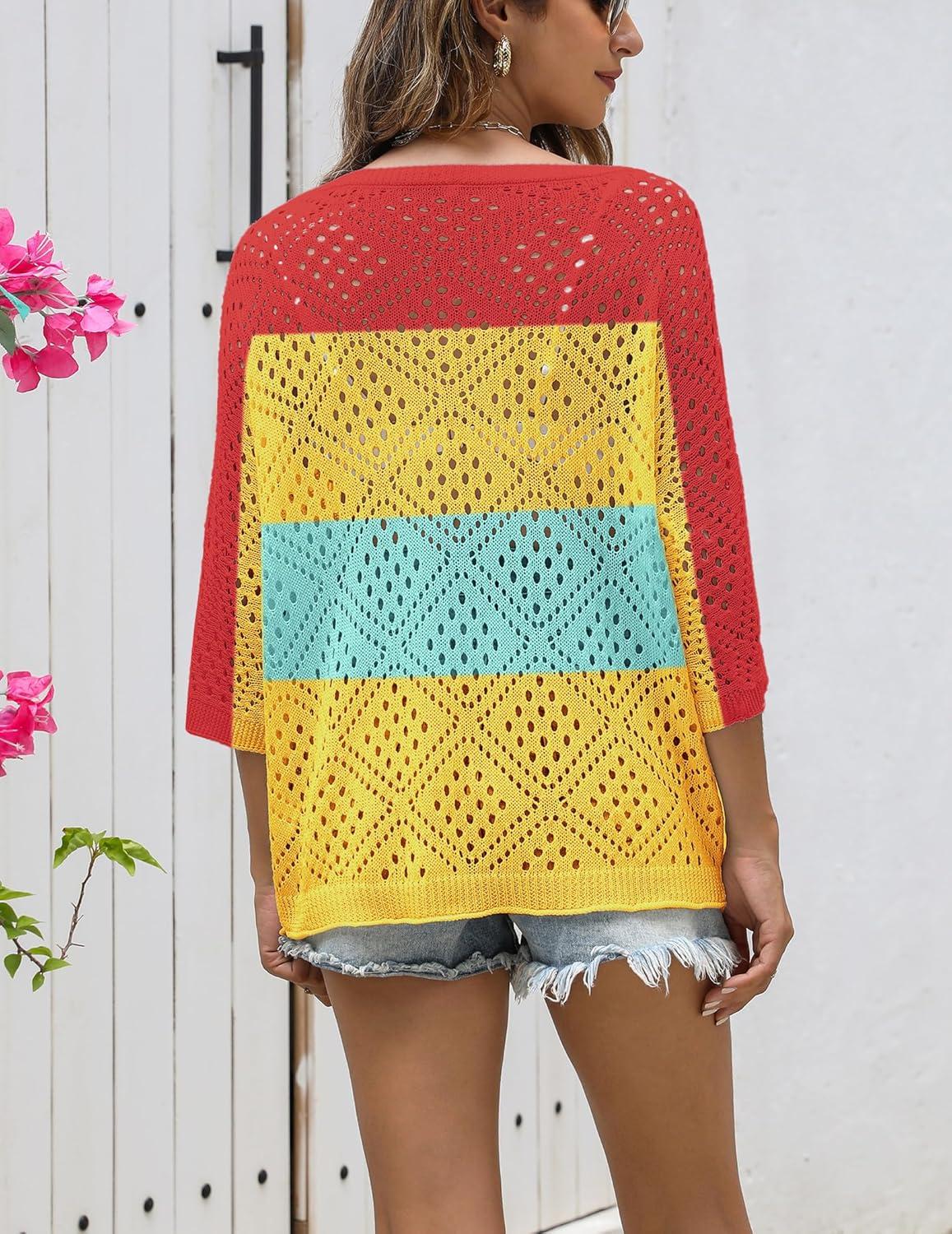 imageZeagoo Womens 2026 Spring Summer Crochet Top Hollow Out 34 Sleeve Sweater Off Shoulder Beach Knit CoverupColor Block1