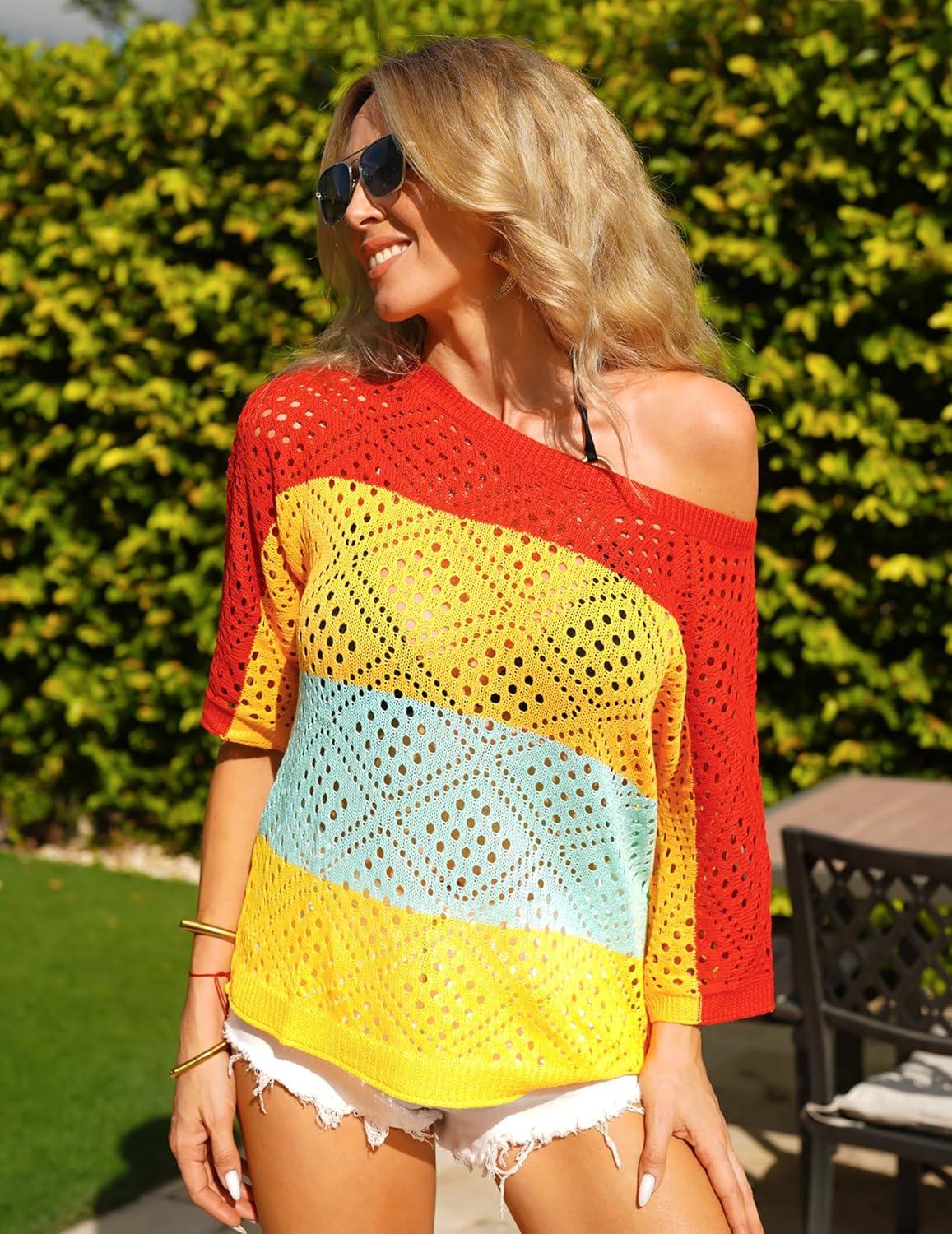 imageZeagoo Womens 2026 Spring Summer Crochet Top Hollow Out 34 Sleeve Sweater Off Shoulder Beach Knit CoverupColor Block1