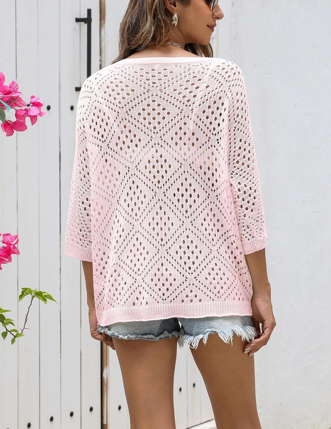 imageZeagoo Womens 2026 Spring Summer Crochet Top Hollow Out 34 Sleeve Sweater Off Shoulder Beach Knit CoverupPink
