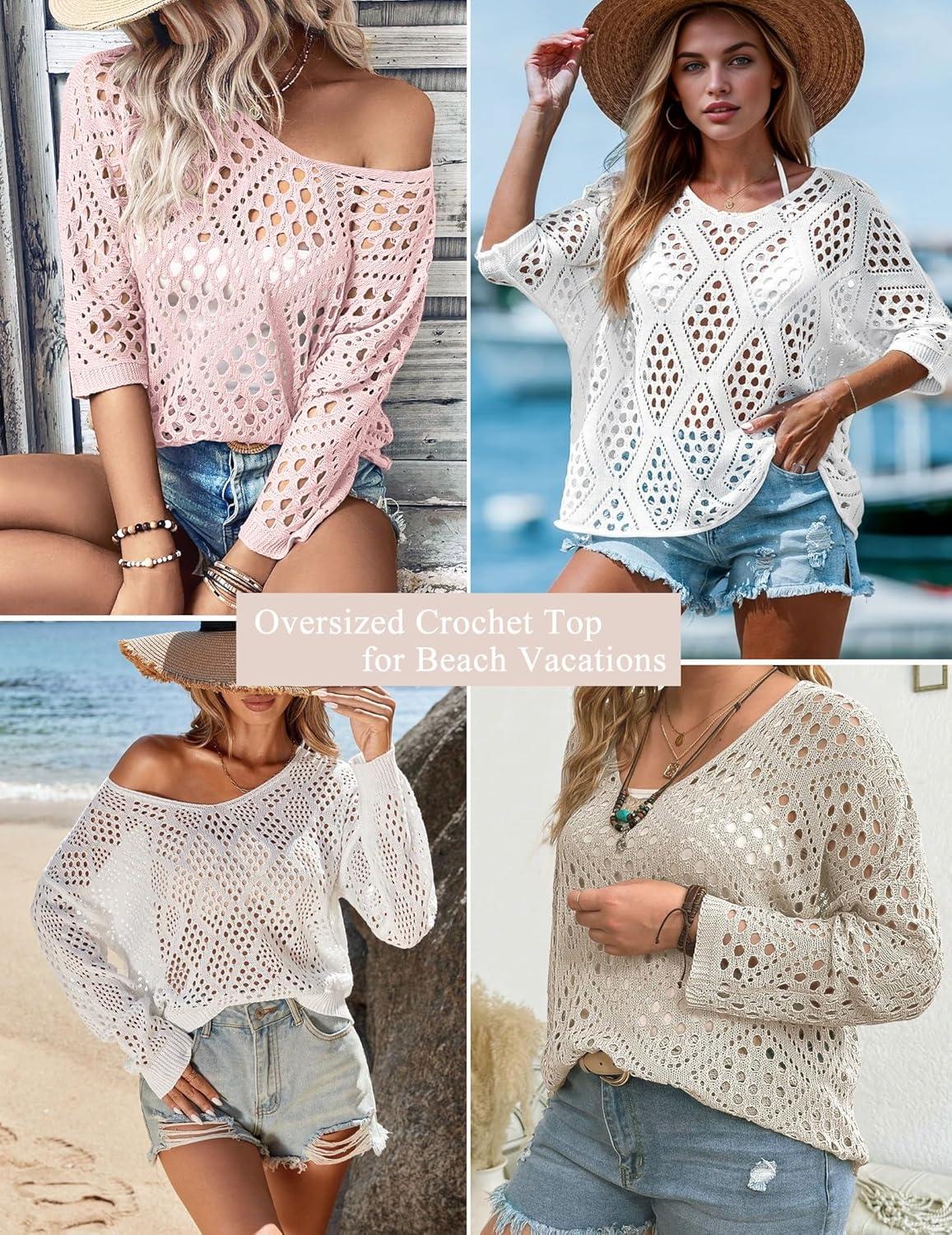 imageZeagoo Womens 2026 Spring Summer Crochet Top Hollow Out 34 Sleeve Sweater Off Shoulder Beach Knit CoverupPink