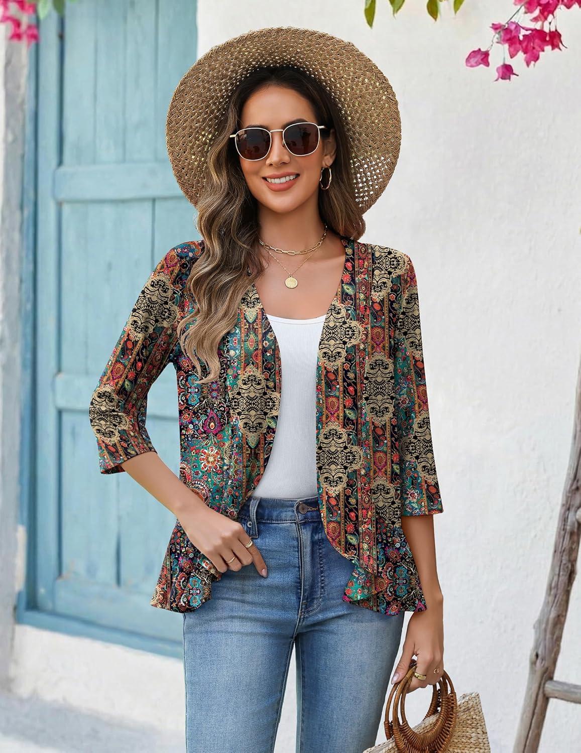 imageZeagoo Womens 2026 Summer 34 Sleeve Lightweight Cardigans Sweaters Open Front Draped Ruffles Kimono CoverupsAmz721