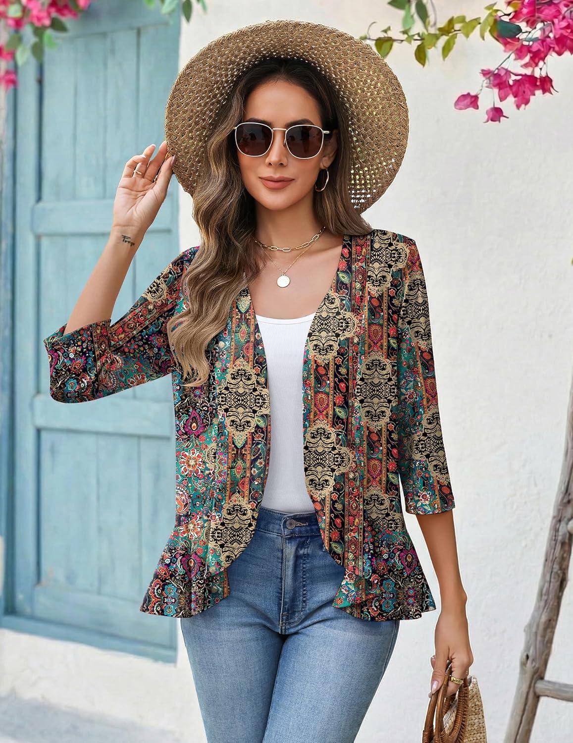 imageZeagoo Womens 2026 Summer 34 Sleeve Lightweight Cardigans Sweaters Open Front Draped Ruffles Kimono CoverupsAmz721