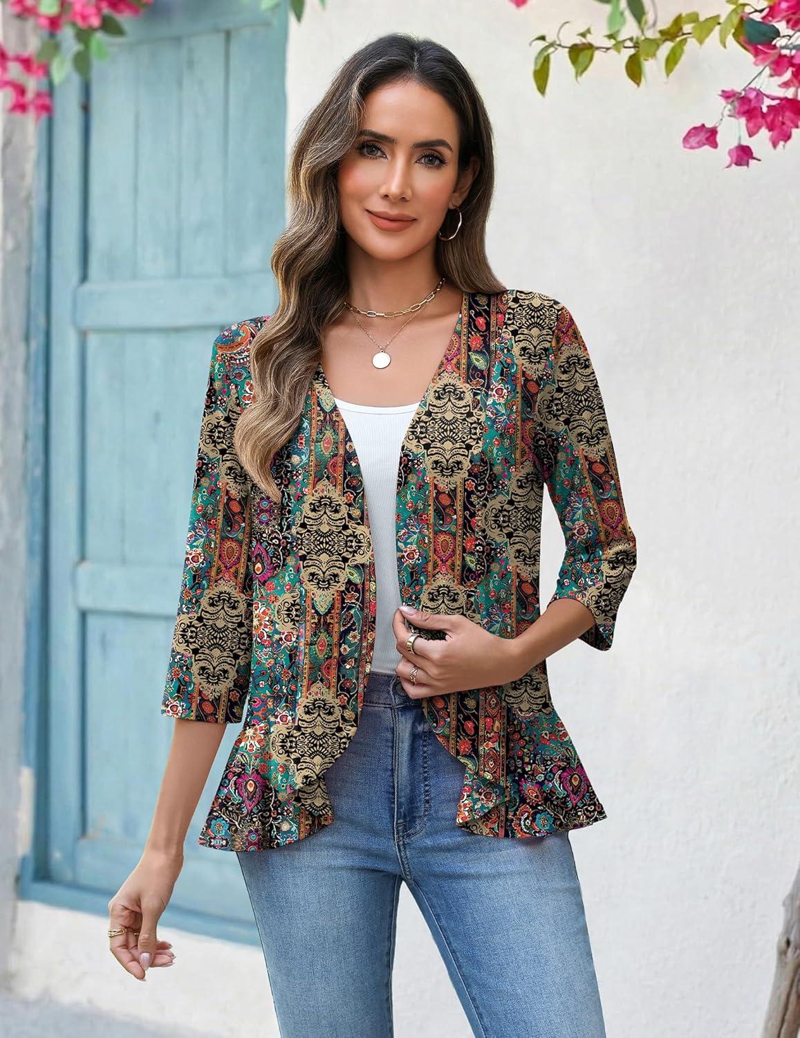 imageZeagoo Womens 2026 Summer 34 Sleeve Lightweight Cardigans Sweaters Open Front Draped Ruffles Kimono CoverupsAmz721