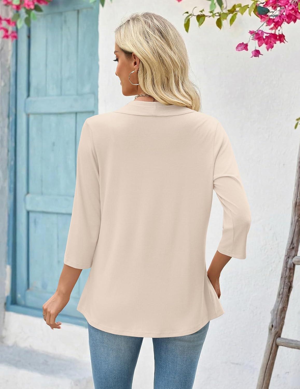 imageZeagoo Womens 2026 Summer 34 Sleeve Lightweight Cardigans Sweaters Open Front Draped Ruffles Kimono CoverupsBeige
