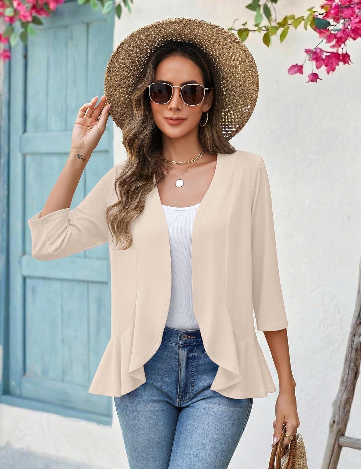 imageZeagoo Womens 2026 Summer 34 Sleeve Lightweight Cardigans Sweaters Open Front Draped Ruffles Kimono CoverupsBeige