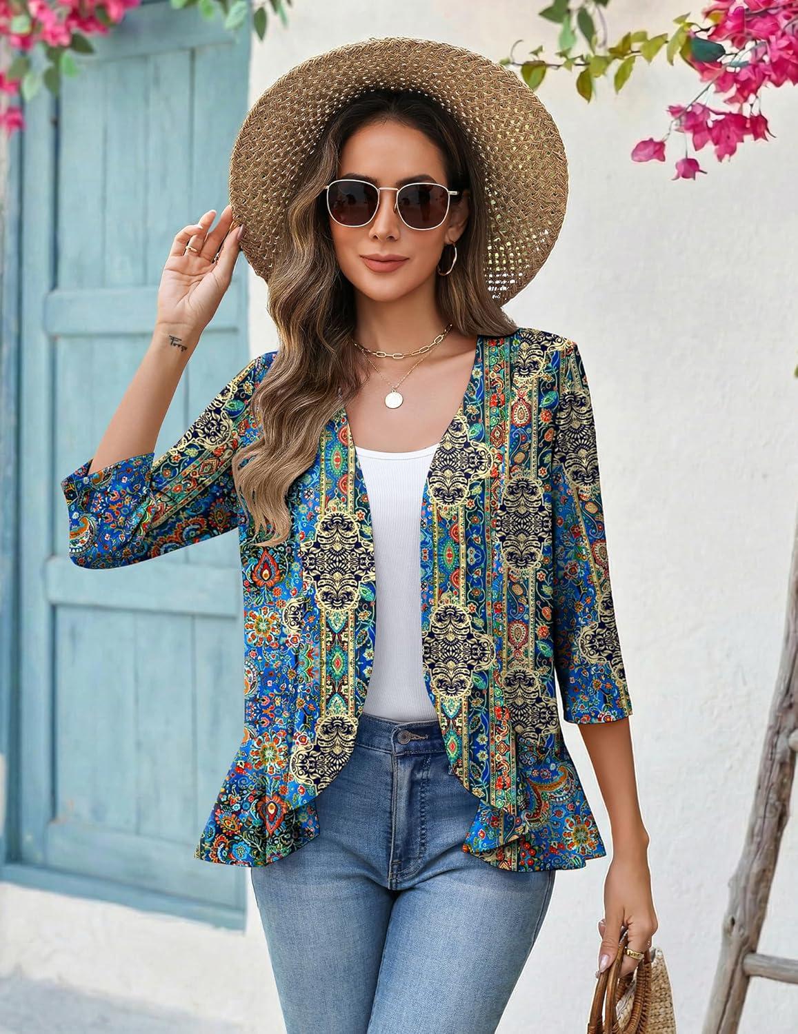 imageZeagoo Womens 2026 Summer 34 Sleeve Lightweight Cardigans Sweaters Open Front Draped Ruffles Kimono CoverupsMz779