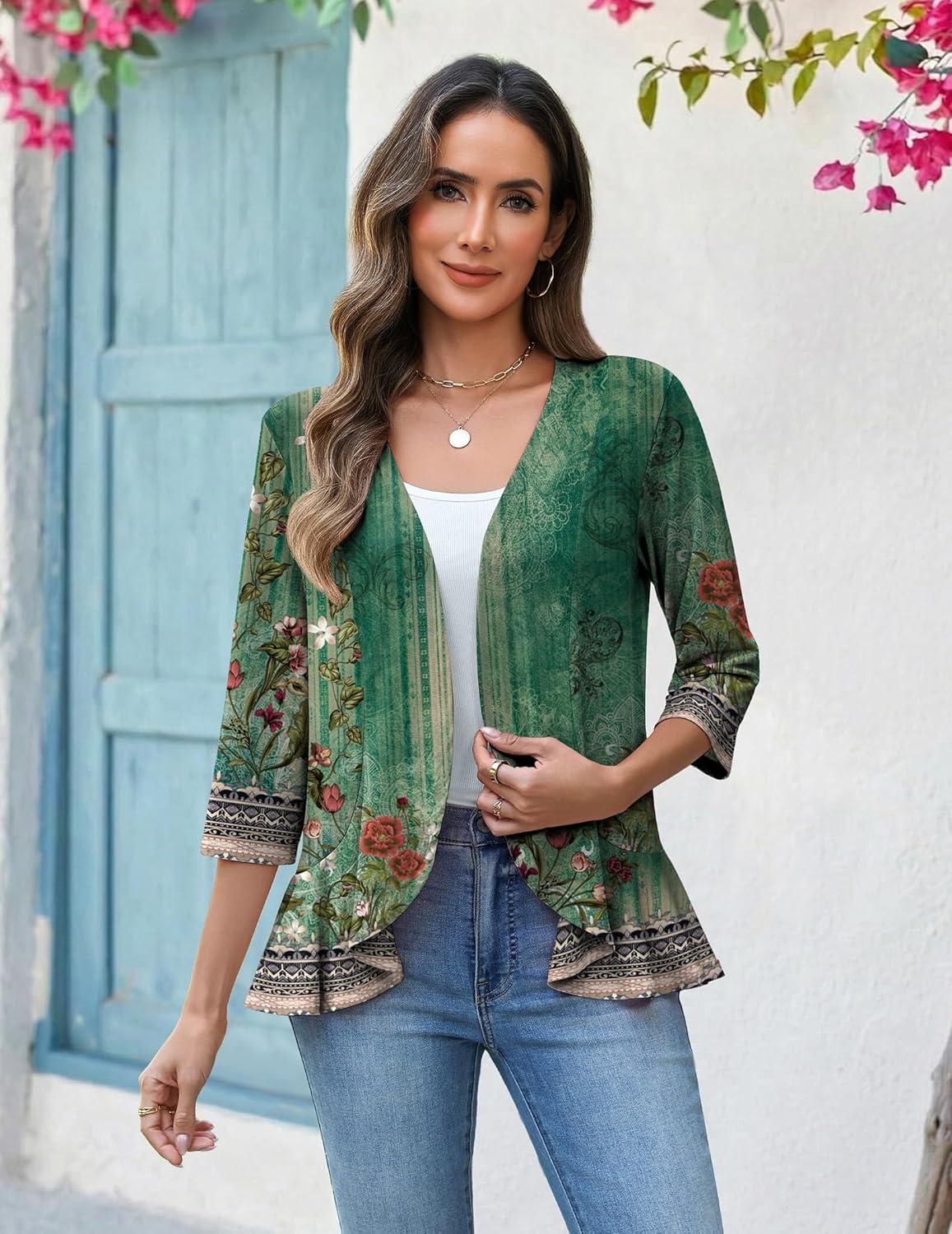 imageZeagoo Womens 2026 Summer 34 Sleeve Lightweight Cardigans Sweaters Open Front Draped Ruffles Kimono CoverupsMz839