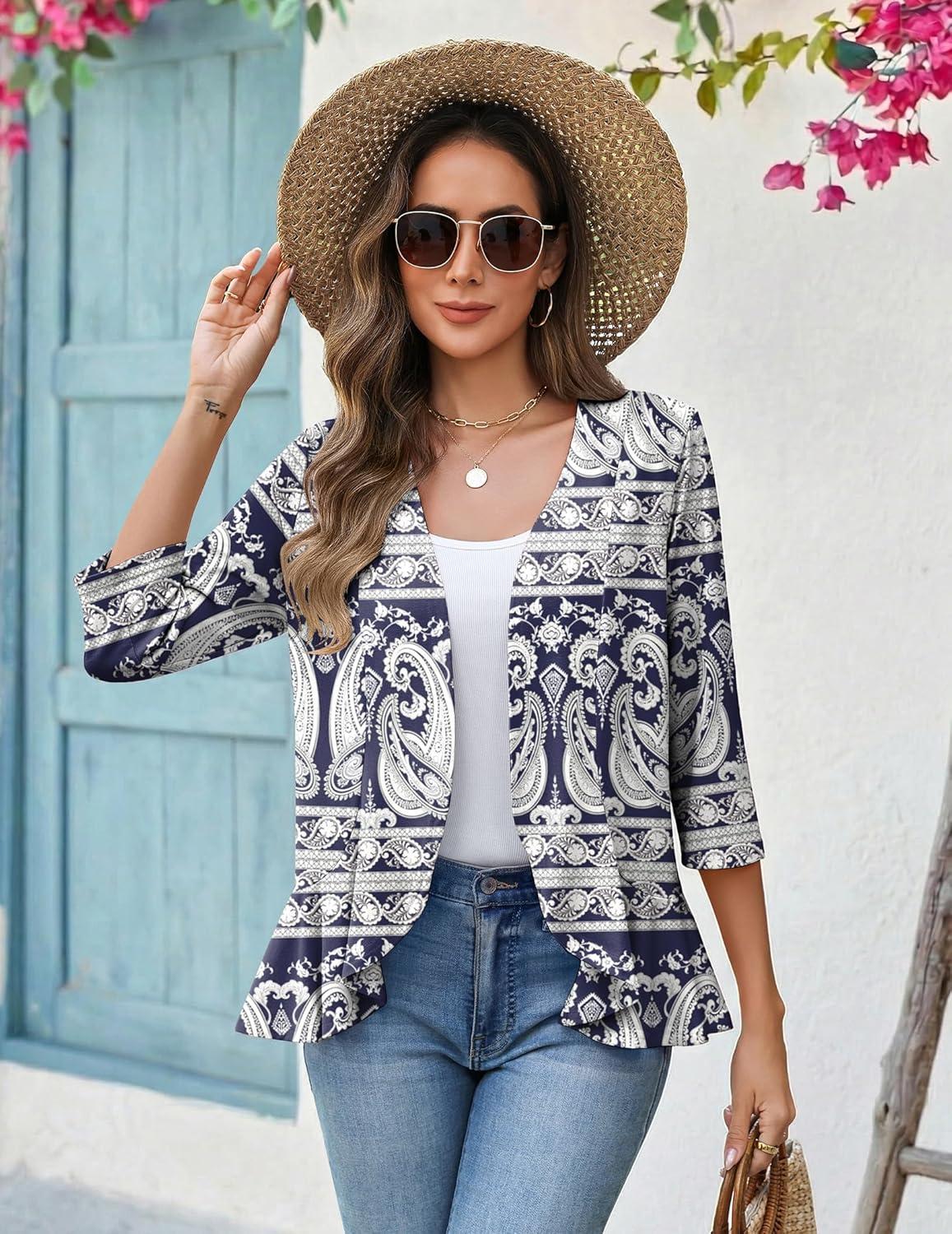 imageZeagoo Womens 2026 Summer 34 Sleeve Lightweight Cardigans Sweaters Open Front Draped Ruffles Kimono CoverupsMz908