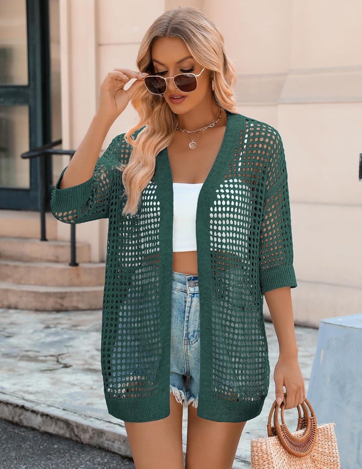 imageZeagoo Womens 2026 Summer Crochet Lightweight Cardigan Short Sleeve Boho Kimono Oversized Open Front Sweater TopsGreen