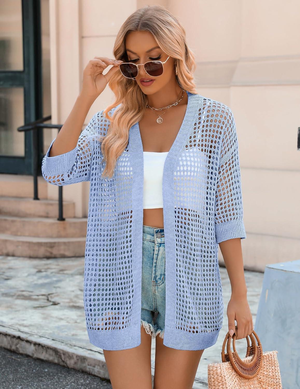 imageZeagoo Womens 2026 Summer Crochet Lightweight Cardigan Short Sleeve Boho Kimono Oversized Open Front Sweater TopsLight Blue