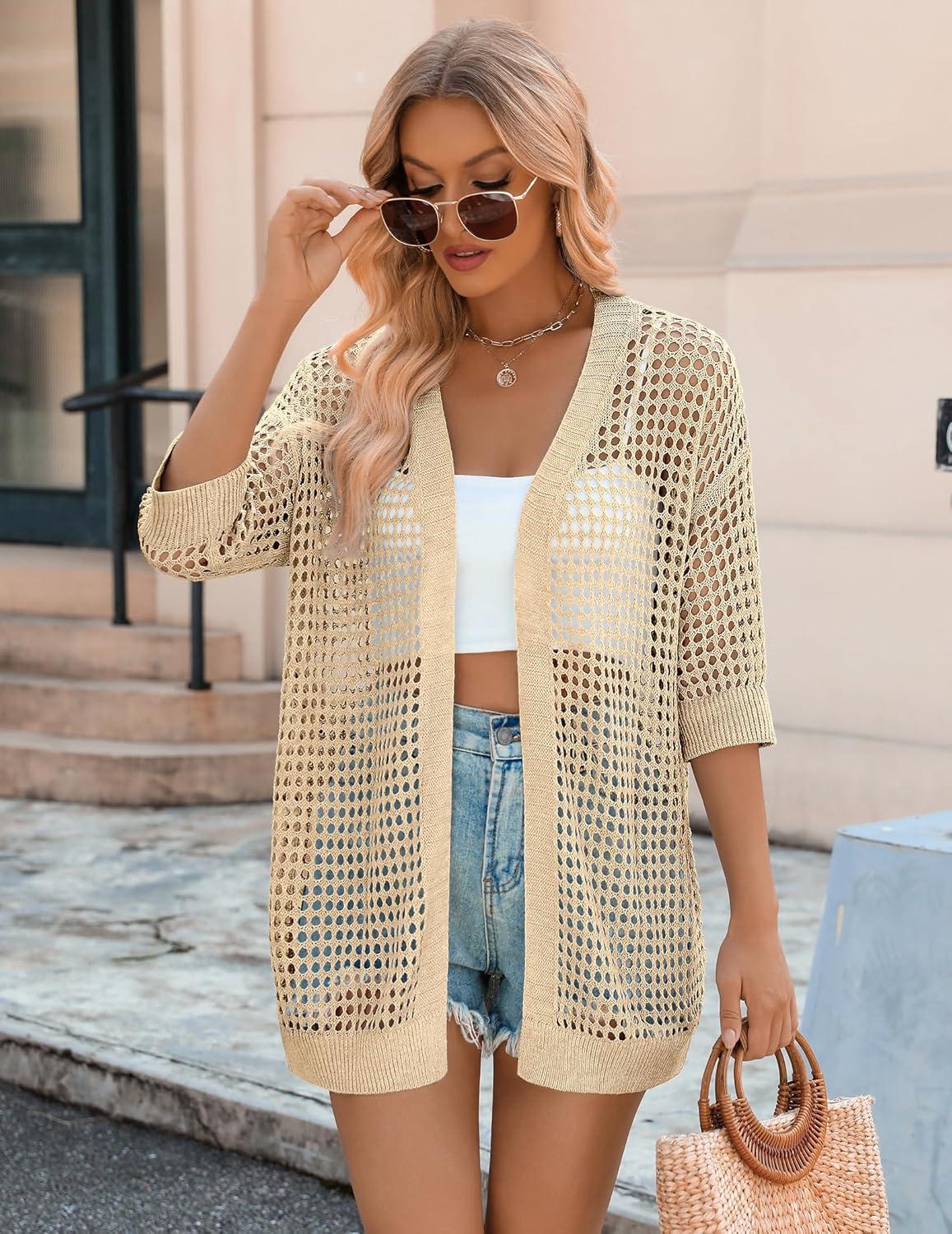 imageZeagoo Womens 2026 Summer Crochet Lightweight Cardigan Short Sleeve Boho Kimono Oversized Open Front Sweater TopsLight Khaki