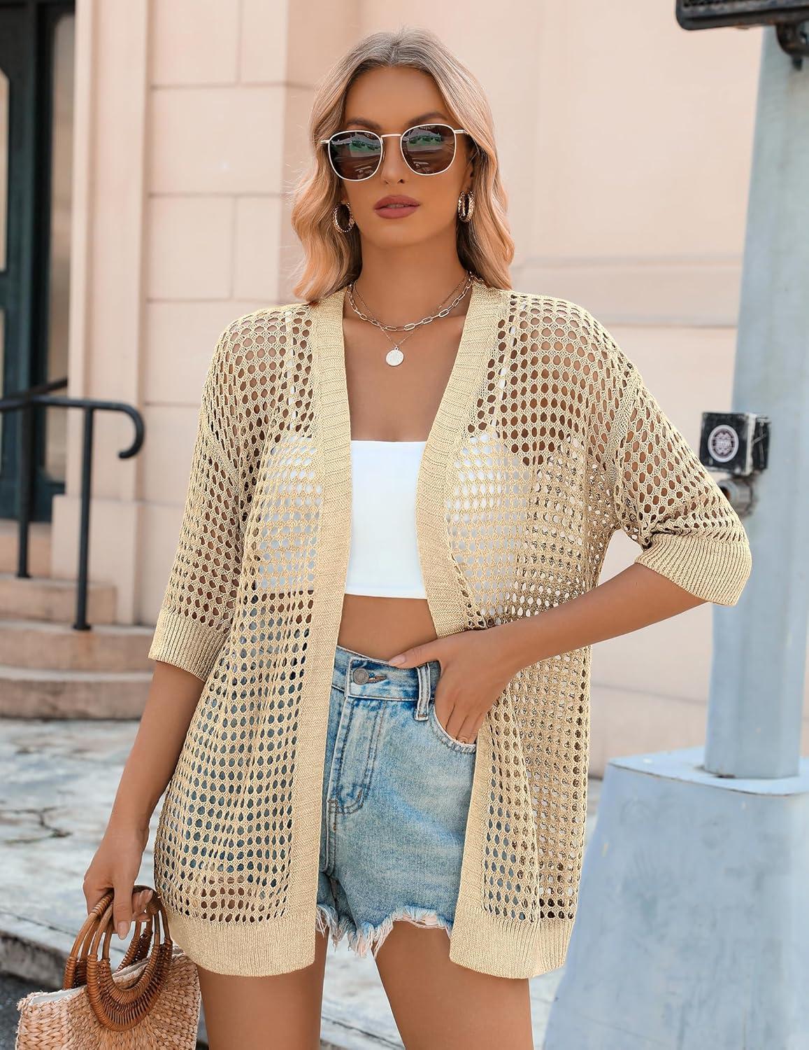 imageZeagoo Womens 2026 Summer Crochet Lightweight Cardigan Short Sleeve Boho Kimono Oversized Open Front Sweater TopsLight Khaki