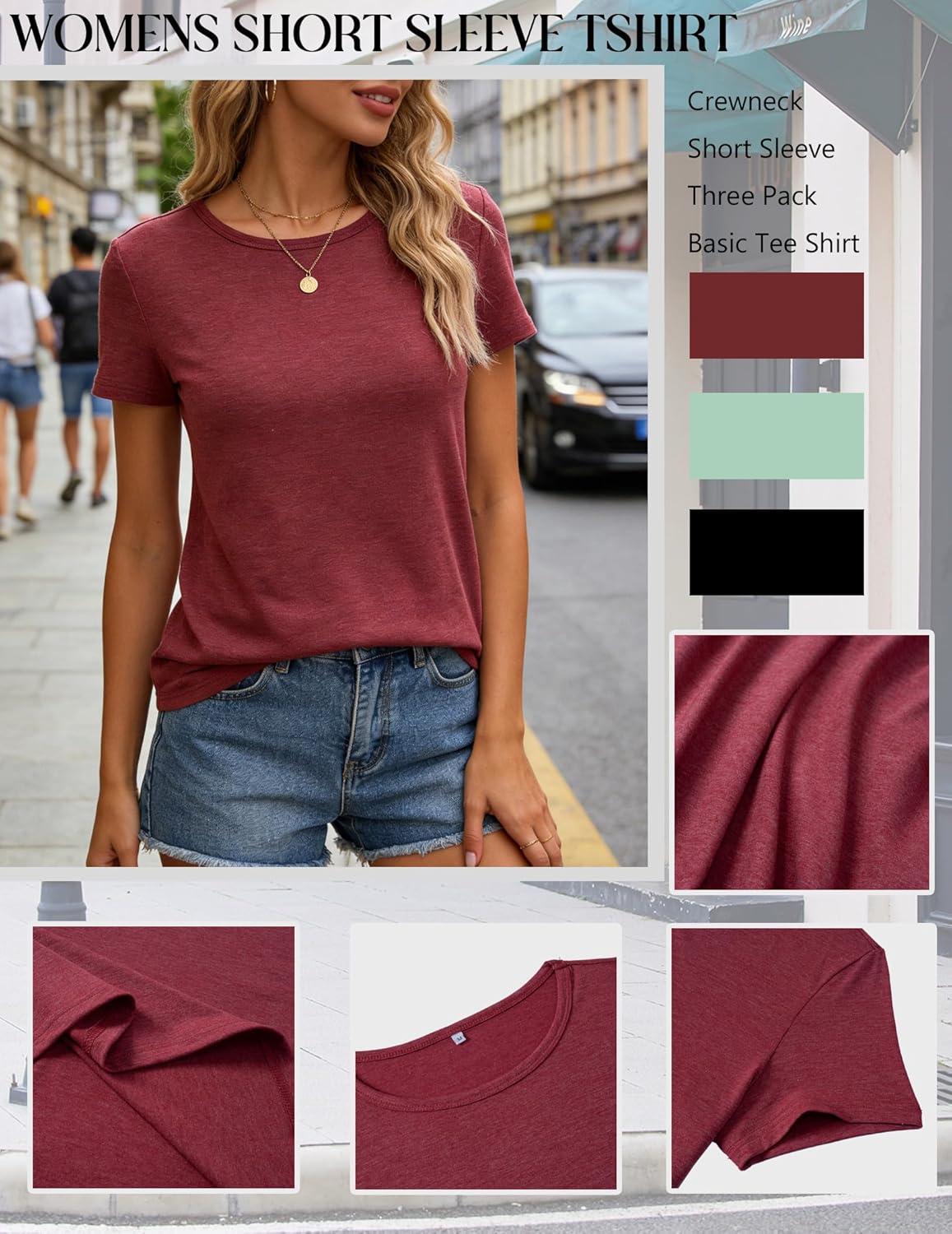 imageZeagoo Womens 3 Pack Tshirts for Women Short Sleeve Shirt Crewneck Basic Tee Summer Tops Lightweight Plain Workout ClothesA Wine Redlightgreenblack