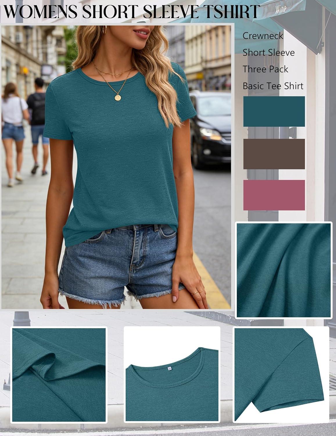 imageZeagoo Womens 3 Pack Tshirts for Women Short Sleeve Shirt Crewneck Basic Tee Summer Tops Lightweight Plain Workout ClothesBlue Greengrey Purplebrown