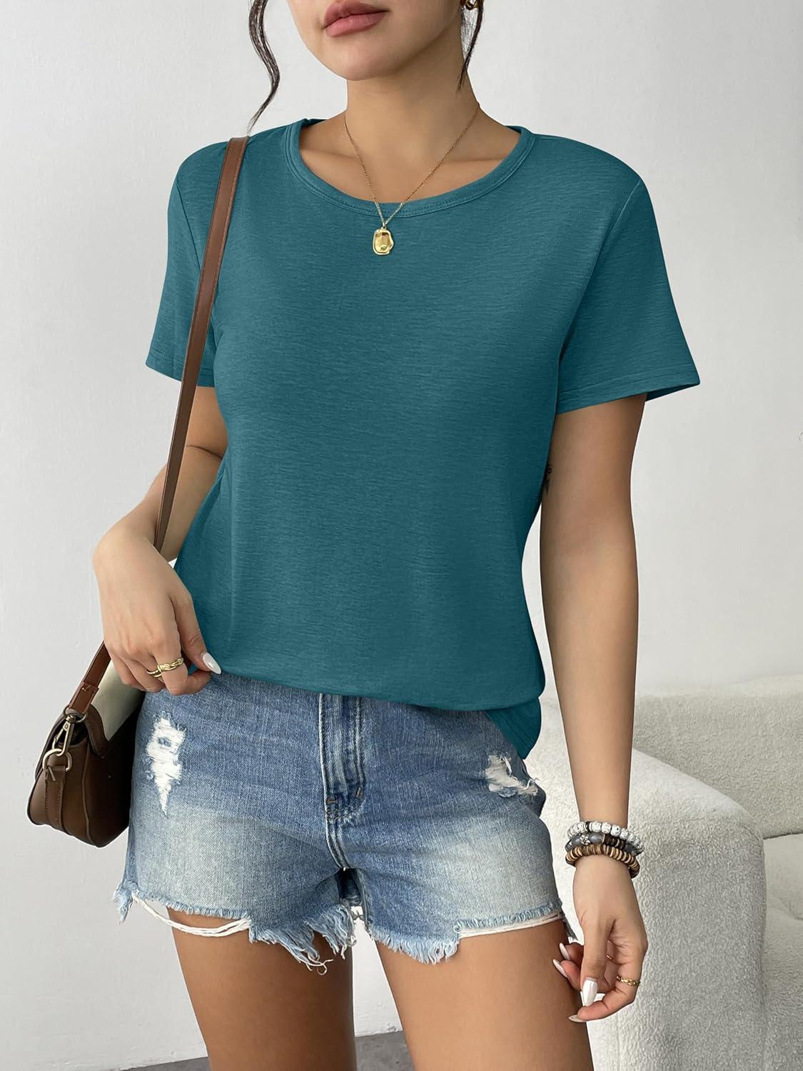 imageZeagoo Womens 3 Pack Tshirts for Women Short Sleeve Shirt Crewneck Basic Tee Summer Tops Lightweight Plain Workout ClothesBlue Greengrey Purplebrown