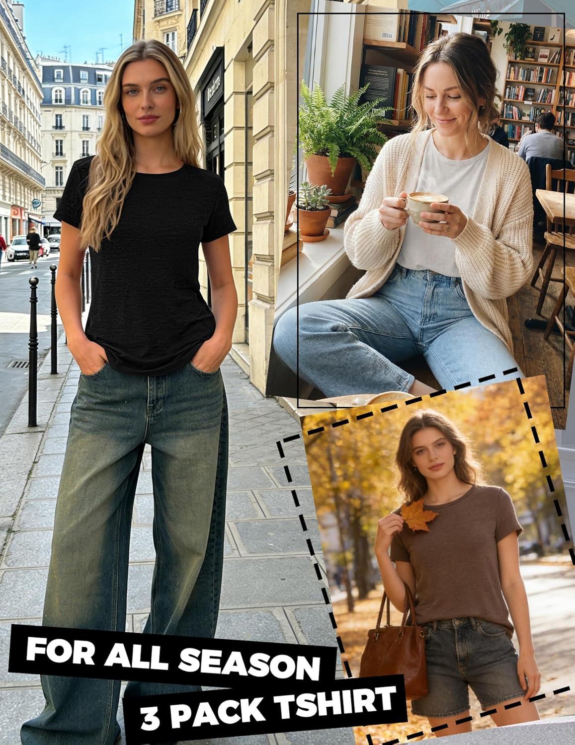 imageZeagoo Womens 3 Pack Tshirts for Women Short Sleeve Shirt Crewneck Basic Tee Summer Tops Lightweight Plain Workout ClothesBrownwhiteblack