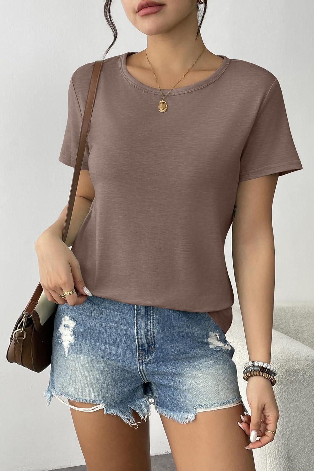 imageZeagoo Womens 3 Pack Tshirts for Women Short Sleeve Shirt Crewneck Basic Tee Summer Tops Lightweight Plain Workout ClothesBrownwhiteblack