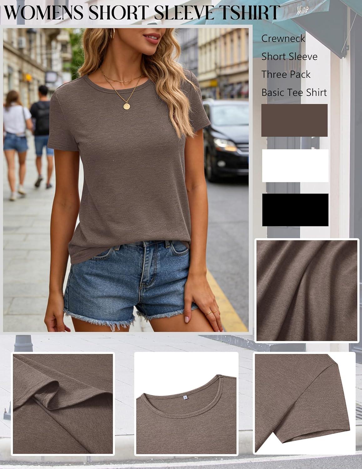 imageZeagoo Womens 3 Pack Tshirts for Women Short Sleeve Shirt Crewneck Basic Tee Summer Tops Lightweight Plain Workout ClothesBrownwhiteblack