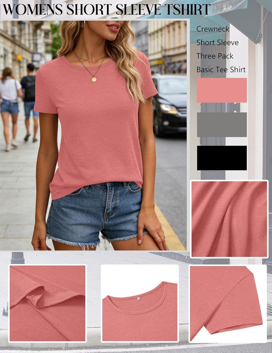 imageZeagoo Womens 3 Pack Tshirts for Women Short Sleeve Shirt Crewneck Basic Tee Summer Tops Lightweight Plain Workout ClothesCoralgreyblack