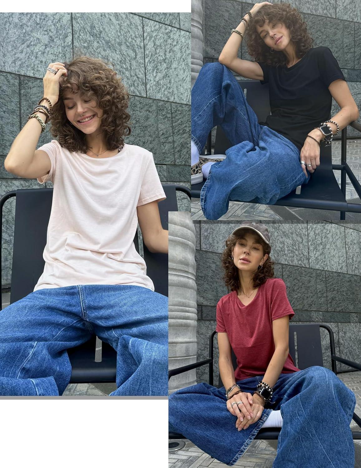 imageZeagoo Womens 3 Pack Tshirts for Women Short Sleeve Shirt Crewneck Basic Tee Summer Tops Lightweight Plain Workout ClothesCreamwine Redblack