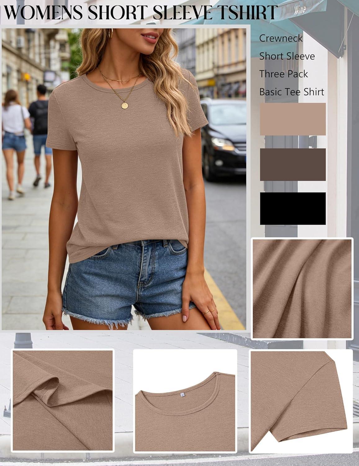 imageZeagoo Womens 3 Pack Tshirts for Women Short Sleeve Shirt Crewneck Basic Tee Summer Tops Lightweight Plain Workout ClothesKhakibrownblack