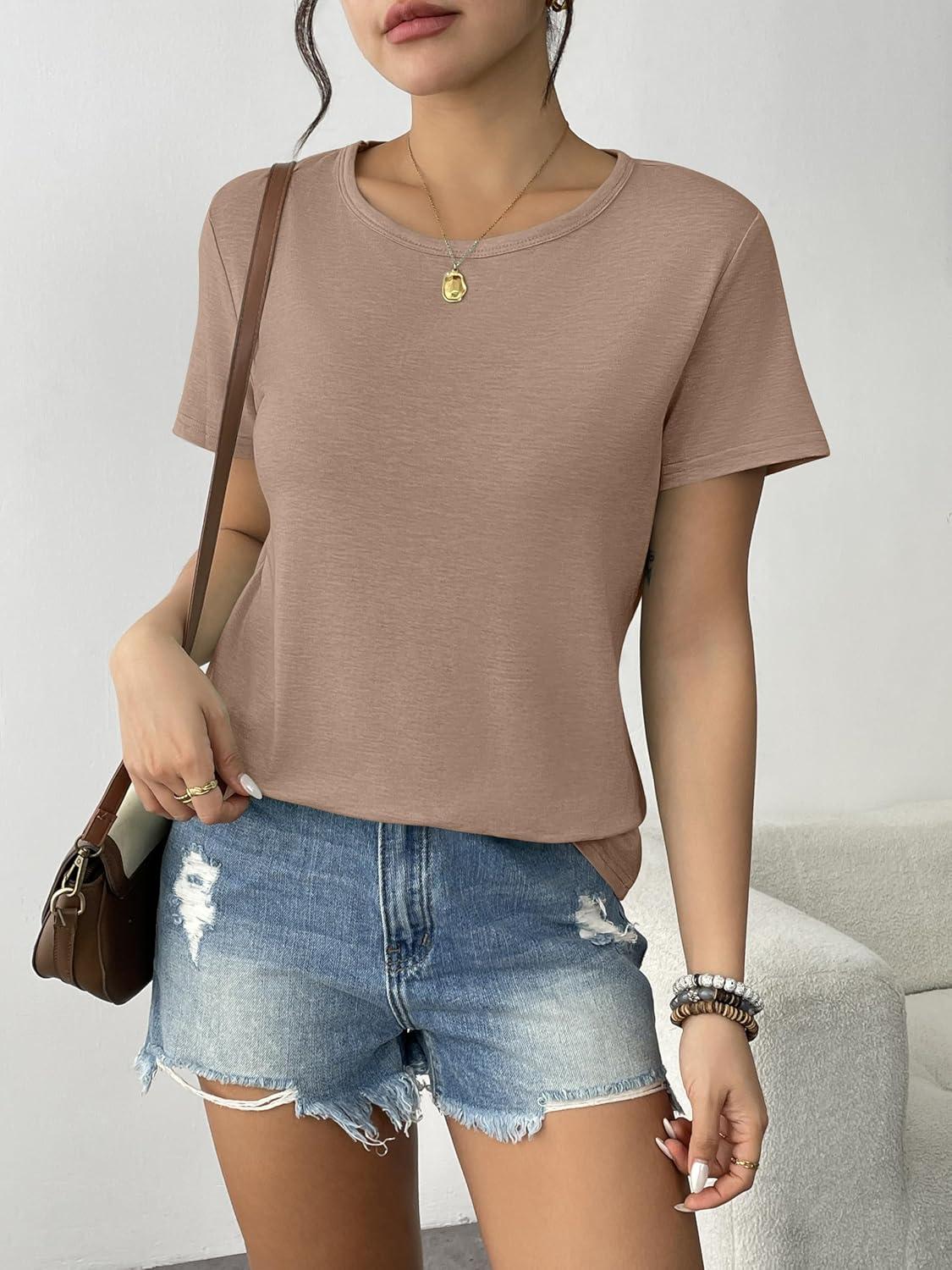 imageZeagoo Womens 3 Pack Tshirts for Women Short Sleeve Shirt Crewneck Basic Tee Summer Tops Lightweight Plain Workout ClothesKhakibrownblack