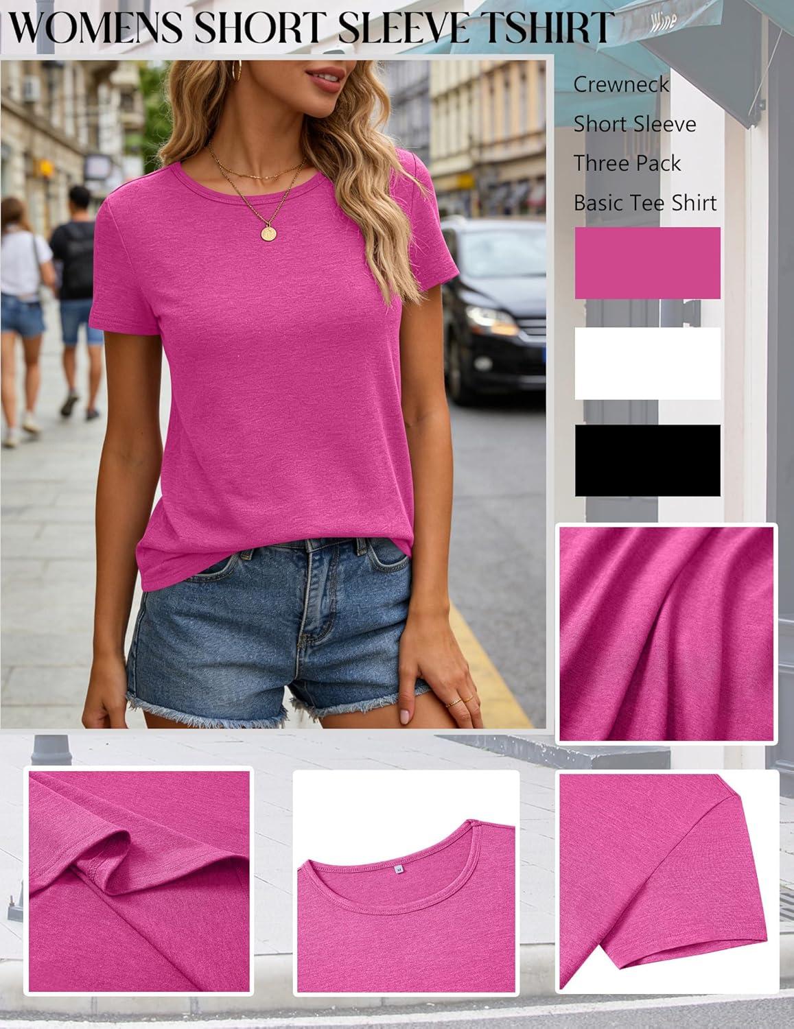 imageZeagoo Womens 3 Pack Tshirts for Women Short Sleeve Shirt Crewneck Basic Tee Summer Tops Lightweight Plain Workout ClothesRoseredwhiteblack