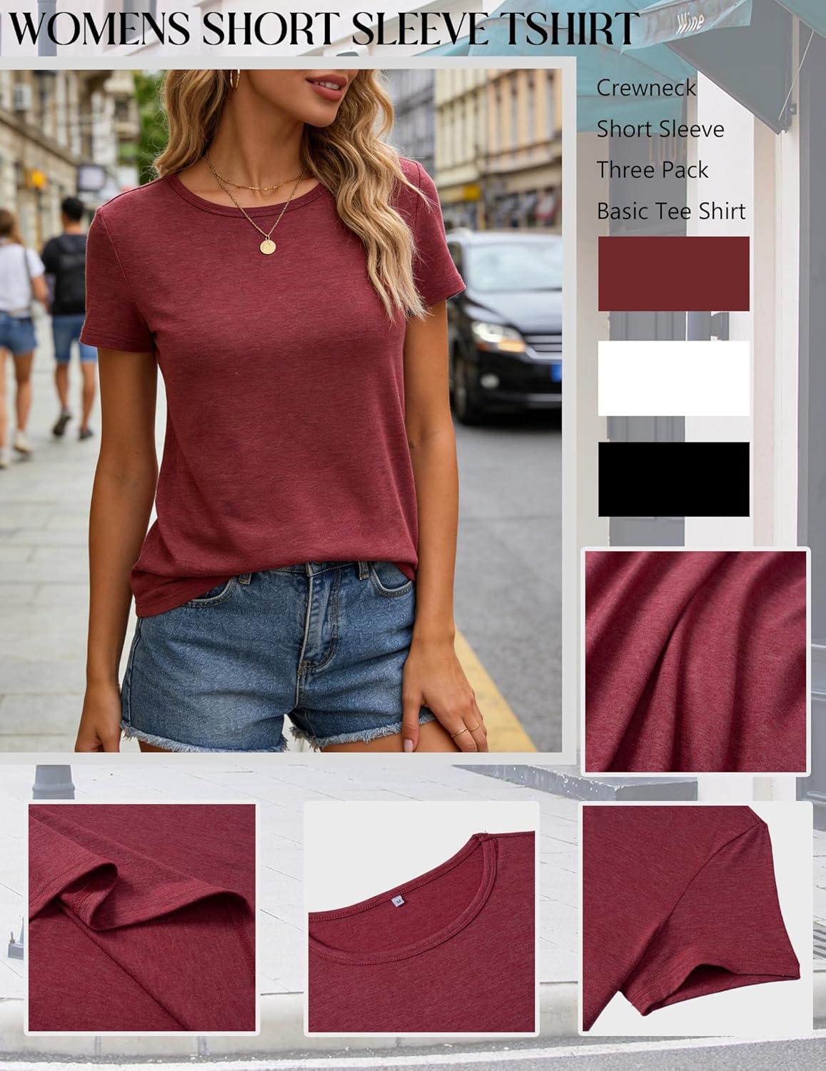 imageZeagoo Womens 3 Pack Tshirts for Women Short Sleeve Shirt Crewneck Basic Tee Summer Tops Lightweight Plain Workout ClothesWine Redblackwhite