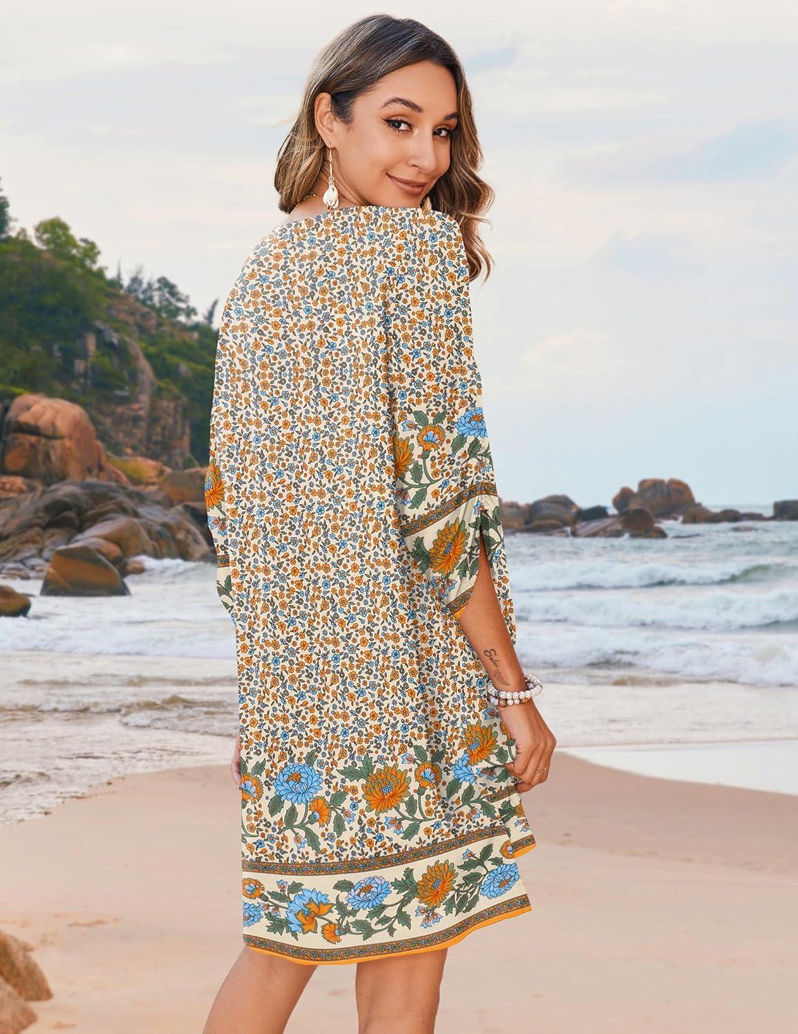 imageZeagoo Womens Boho Dresses Casual Beach Summer Dress Tassel Tie Neck 34 Long Sleeve Mini Sundress 2025 Floral Print Cover Up01 Apricot