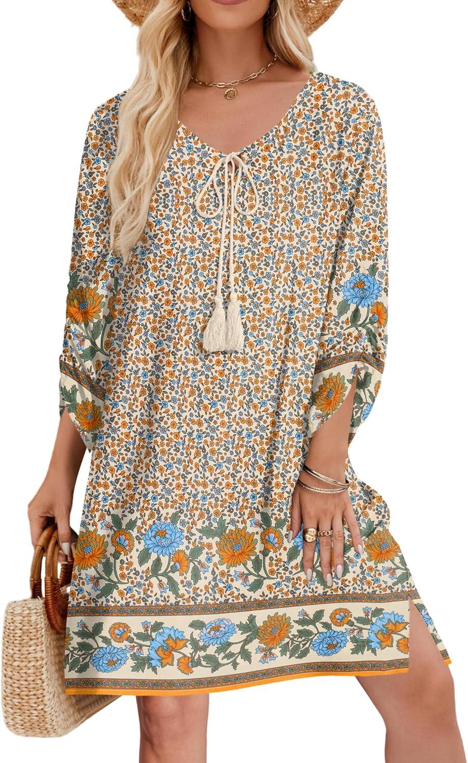 imageZeagoo Womens Boho Dresses Casual Beach Summer Dress Tassel Tie Neck 34 Long Sleeve Mini Sundress 2025 Floral Print Cover Up01 Apricot