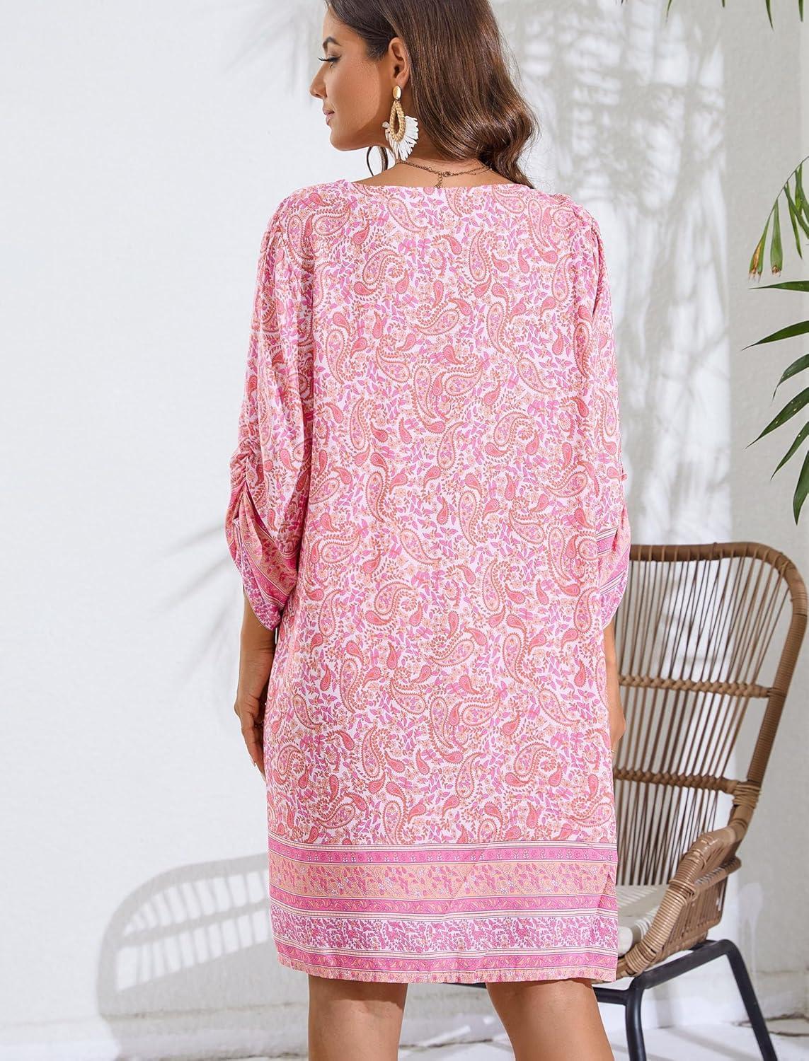 imageZeagoo Womens Boho Dresses Casual Beach Summer Dress Tassel Tie Neck 34 Long Sleeve Mini Sundress 2025 Floral Print Cover Up01 Pink