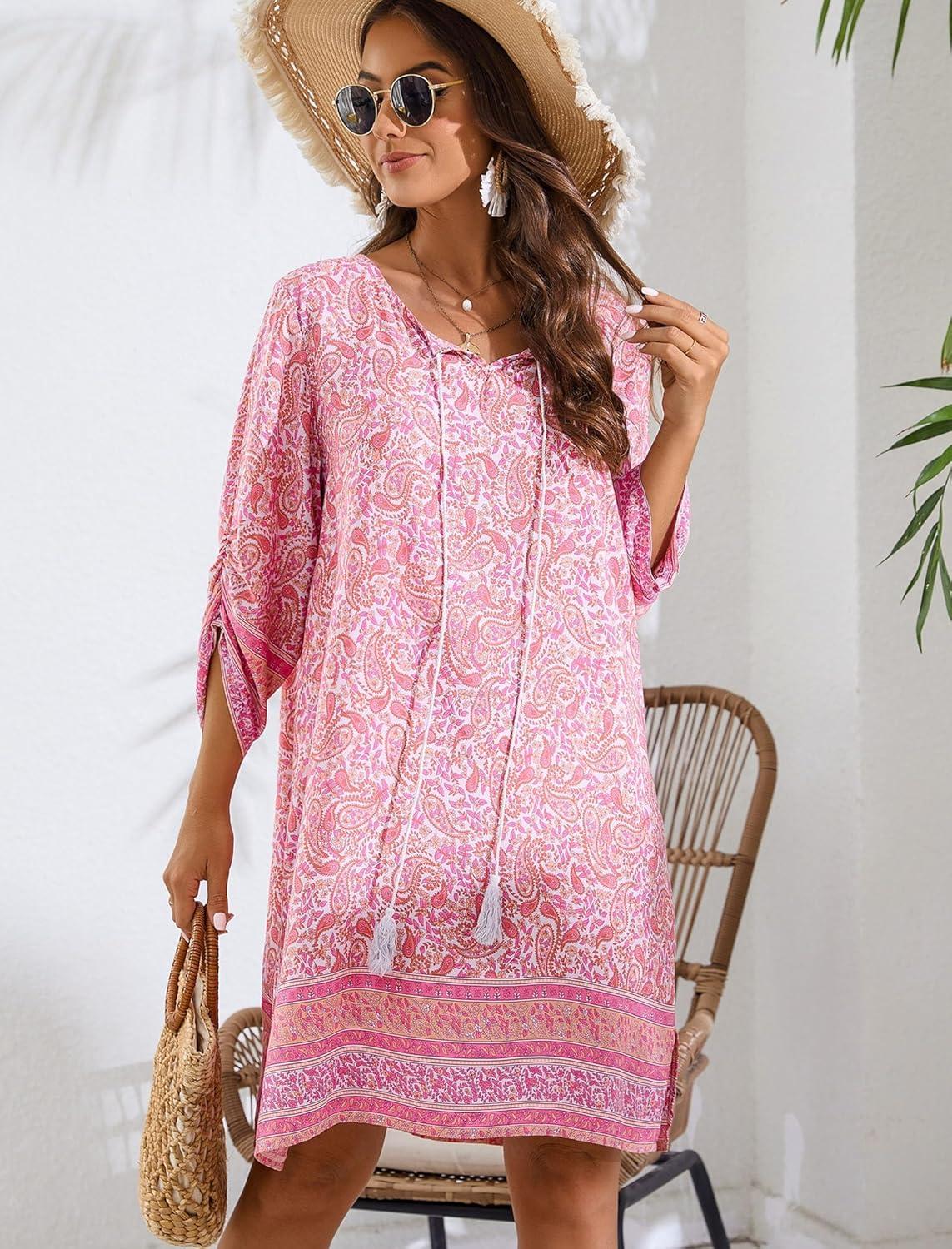 imageZeagoo Womens Boho Dresses Casual Beach Summer Dress Tassel Tie Neck 34 Long Sleeve Mini Sundress 2025 Floral Print Cover Up01 Pink