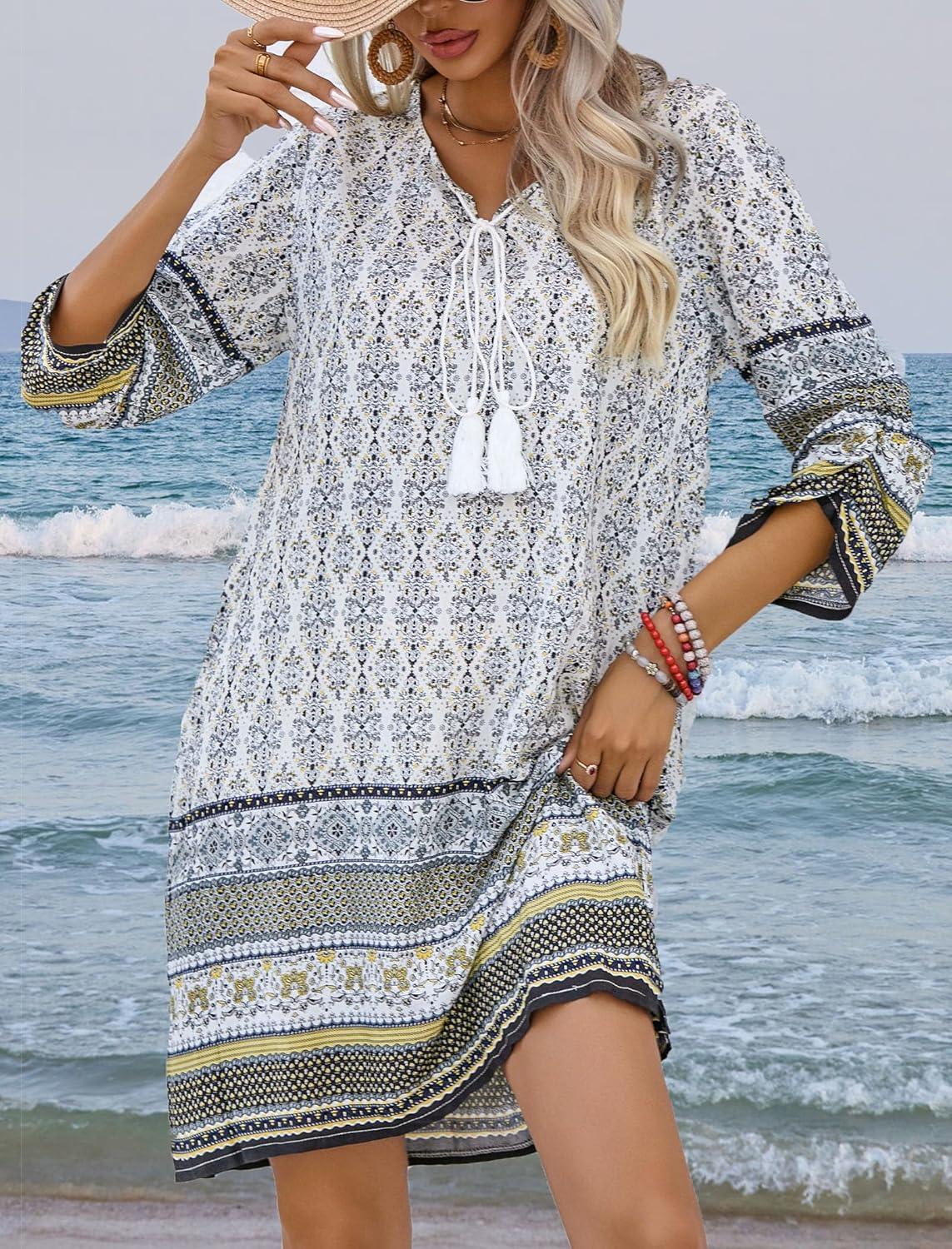 imageZeagoo Womens Boho Dresses Casual Beach Summer Dress Tassel Tie Neck 34 Long Sleeve Mini Sundress 2025 Floral Print Cover Up01 White
