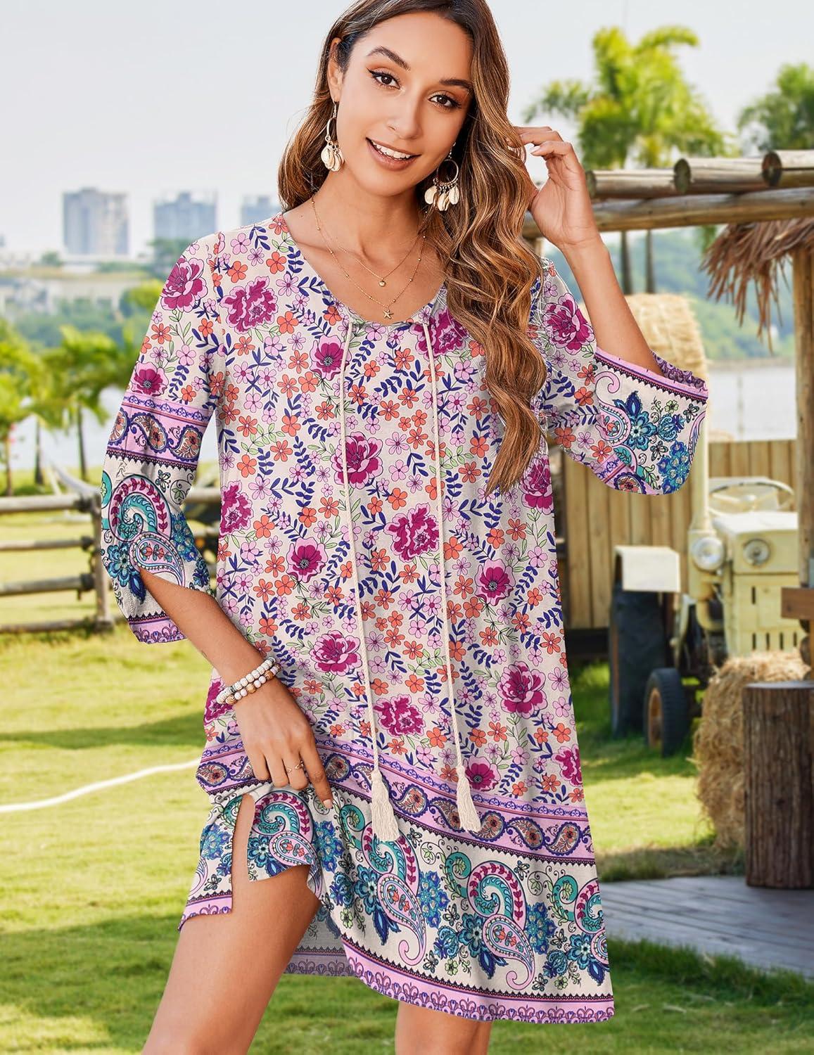 imageZeagoo Womens Boho Dresses Casual Beach Summer Dress Tassel Tie Neck 34 Long Sleeve Mini Sundress 2025 Floral Print Cover Up03 Apricot